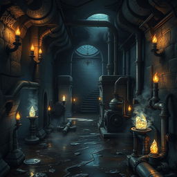 A detailed and atmospheric depiction of a Dungeons & Dragons-inspired sewer system transformed into a factory setting