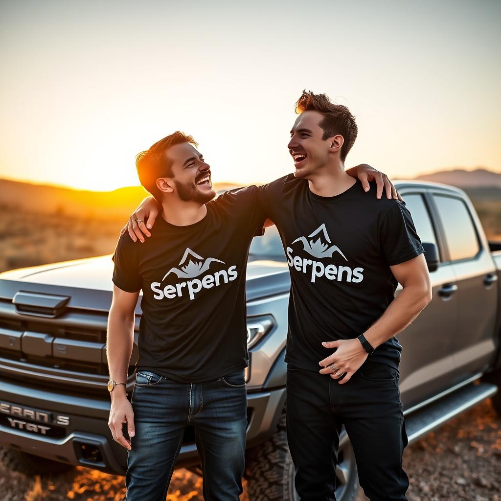 A lively scene featuring two friends joyfully embracing each other while wearing stylish black t-shirts adorned with the bold logo 'Serpens