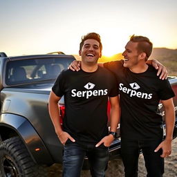 A lively scene featuring two friends joyfully embracing each other while wearing stylish black t-shirts adorned with the bold logo 'Serpens