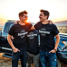 A lively scene featuring two friends joyfully embracing each other while wearing stylish black t-shirts adorned with the bold logo 'Serpens