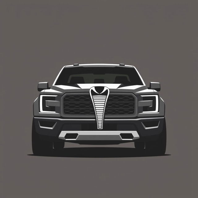 A minimalist design of a pickup truck showcasing a striking cobra emblem on the front