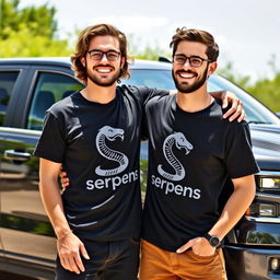 A heartwarming scene depicting two friends embracing each other, both wearing stylish black t-shirts featuring the bold logo 'Serpens,' with an artistic black serpent design shaped like an 'S' integrated into the logo