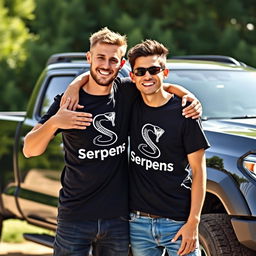 A heartwarming scene depicting two friends embracing each other, both wearing stylish black t-shirts featuring the bold logo 'Serpens,' with an artistic black serpent design shaped like an 'S' integrated into the logo