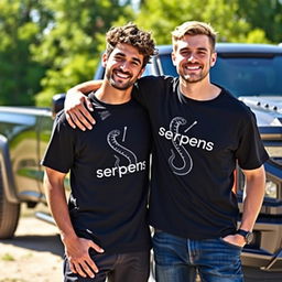 A heartwarming scene depicting two friends embracing each other, both wearing stylish black t-shirts featuring the bold logo 'Serpens,' with an artistic black serpent design shaped like an 'S' integrated into the logo