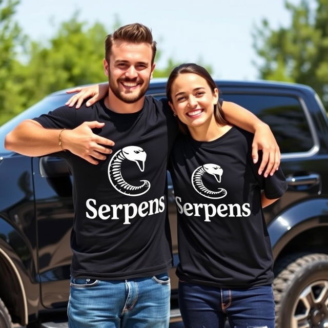 A heartwarming scene depicting two friends embracing each other, both wearing stylish black t-shirts featuring the bold logo 'Serpens,' with an artistic black serpent design shaped like an 'S' integrated into the logo