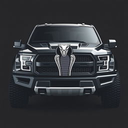 A striking pickup truck design that prominently features a bold cobra emblem on the front grill