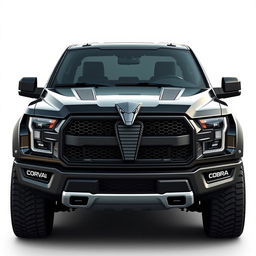 A striking pickup truck design that prominently features a bold cobra emblem on the front grill