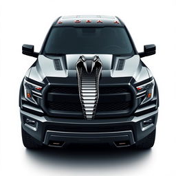 A striking pickup truck design that prominently features a bold cobra emblem on the front grill