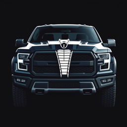 A striking pickup truck design that prominently features a bold cobra emblem on the front grill