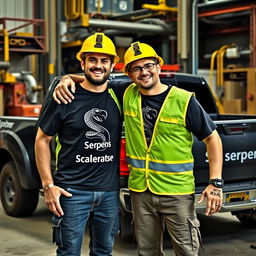 A professional and energetic scene featuring two workers warmly embracing each other, both wearing safety gear and black t-shirts emblazoned with the prominent logo 'Serpens,' which includes a striking black serpent design shaped like an 'S