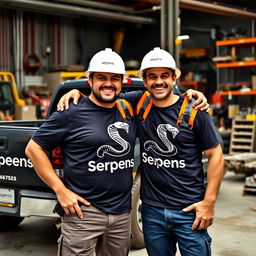 A professional and energetic scene featuring two workers warmly embracing each other, both wearing safety gear and black t-shirts emblazoned with the prominent logo 'Serpens,' which includes a striking black serpent design shaped like an 'S