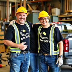 A professional and energetic scene featuring two workers warmly embracing each other, both wearing safety gear and black t-shirts emblazoned with the prominent logo 'Serpens,' which includes a striking black serpent design shaped like an 'S