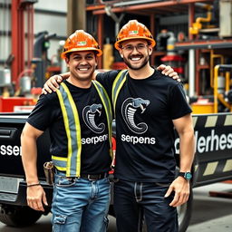 A professional and energetic scene featuring two workers warmly embracing each other, both wearing safety gear and black t-shirts emblazoned with the prominent logo 'Serpens,' which includes a striking black serpent design shaped like an 'S