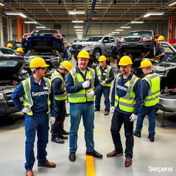 An engaging scene depicting several workers actively engaged in tasks at a pickup truck company, all wearing professional uniforms featuring the company name 'Serpens