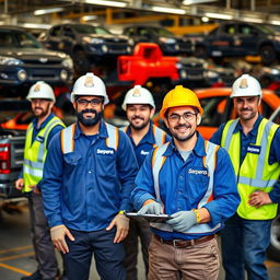 An engaging scene depicting several workers actively engaged in tasks at a pickup truck company, all wearing professional uniforms featuring the company name 'Serpens