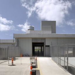 The entrance of a state-of-the-art maximum-security penitentiary, along with the adjoining road, featuring reinforced gates, comprehensive surveillance systems, and robust architecture.