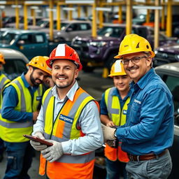 An engaging scene depicting several workers actively engaged in tasks at a pickup truck company, all wearing professional uniforms featuring the company name 'Serpens