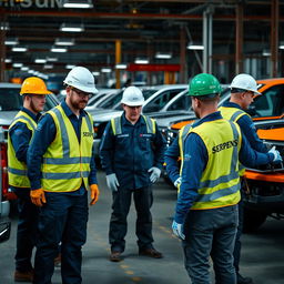 An engaging scene depicting several workers actively engaged in tasks at a pickup truck company, all wearing professional uniforms featuring the company name 'Serpens