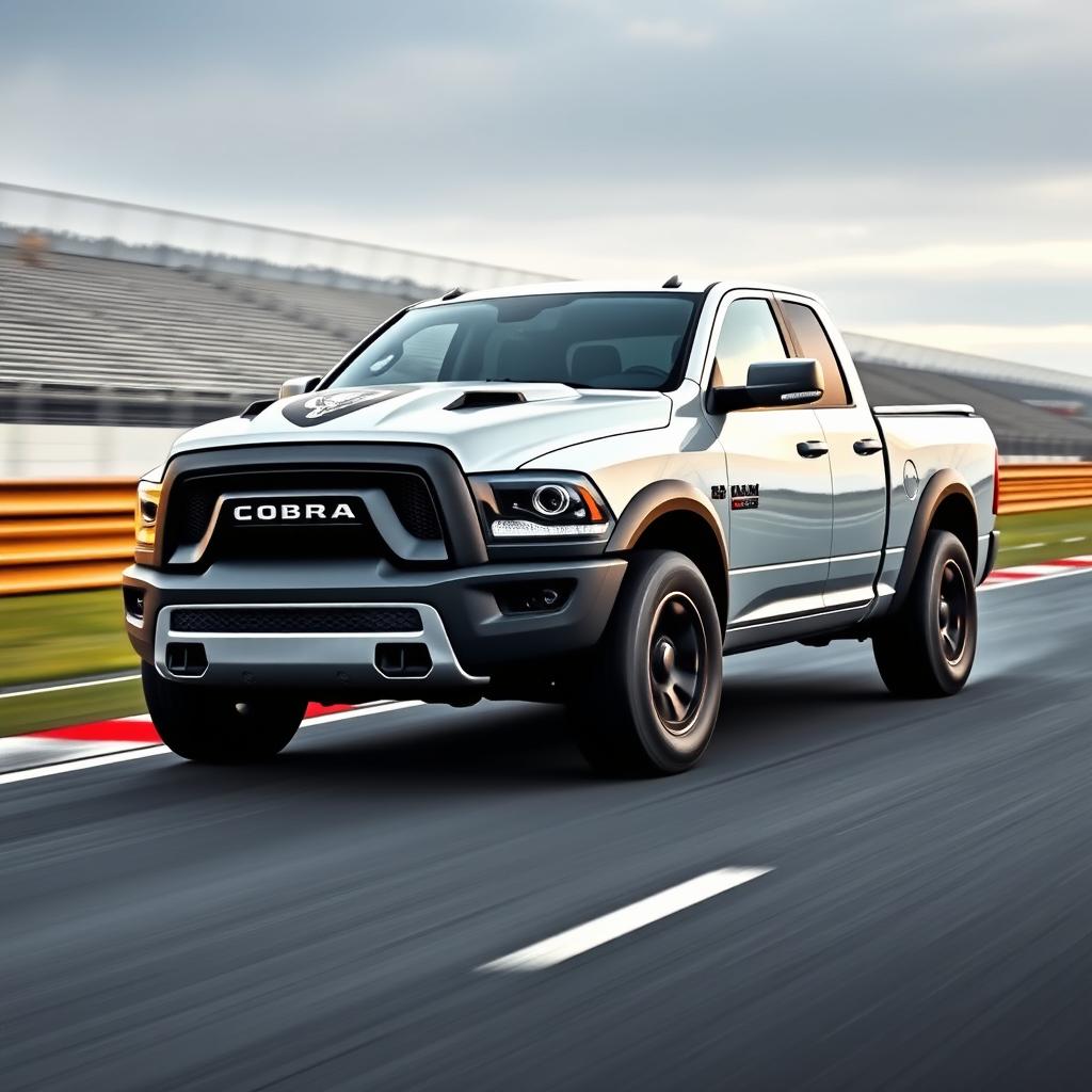 A pickup truck inspired by the design of a Dodge Ram, featuring a prominent cobra emblem on the front grill