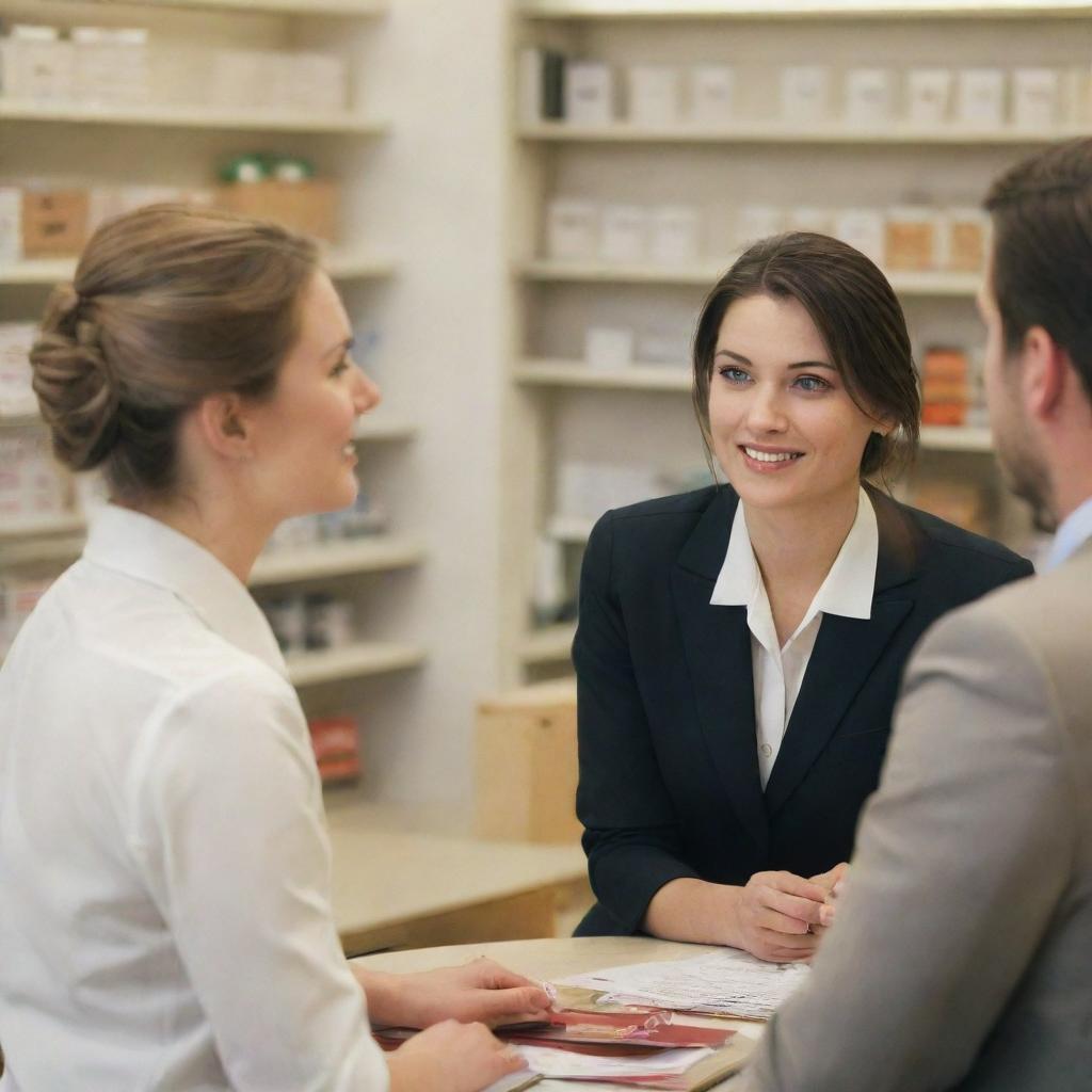 A detailed scene of a woman sales clerk in a shop engaging in a conversation with a gentleman.