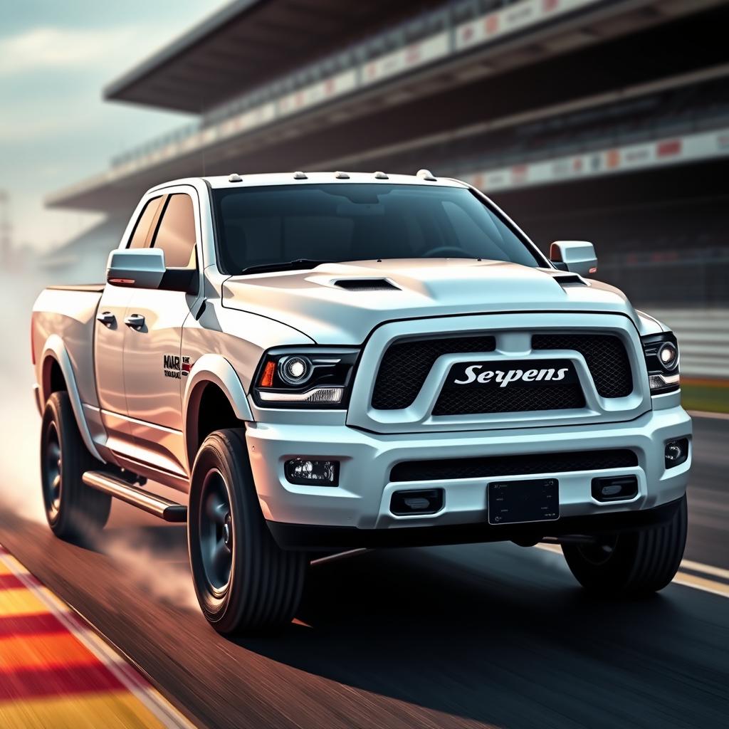 A pickup truck inspired by the design of a Dodge Ram, featuring an emblem that says 'Serpens' prominently displayed on the front grill