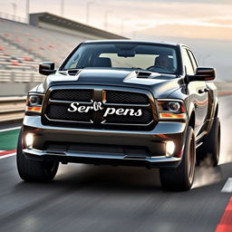 A pickup truck inspired by the design of a Dodge Ram, featuring an emblem that says 'Serpens' prominently displayed on the front grill