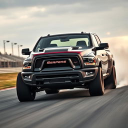 A pickup truck inspired by the design of a Dodge Ram, featuring an emblem that says 'Serpens' prominently displayed on the front grill