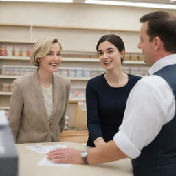 A detailed scene of a woman sales clerk in a shop engaging in a conversation with a gentleman.