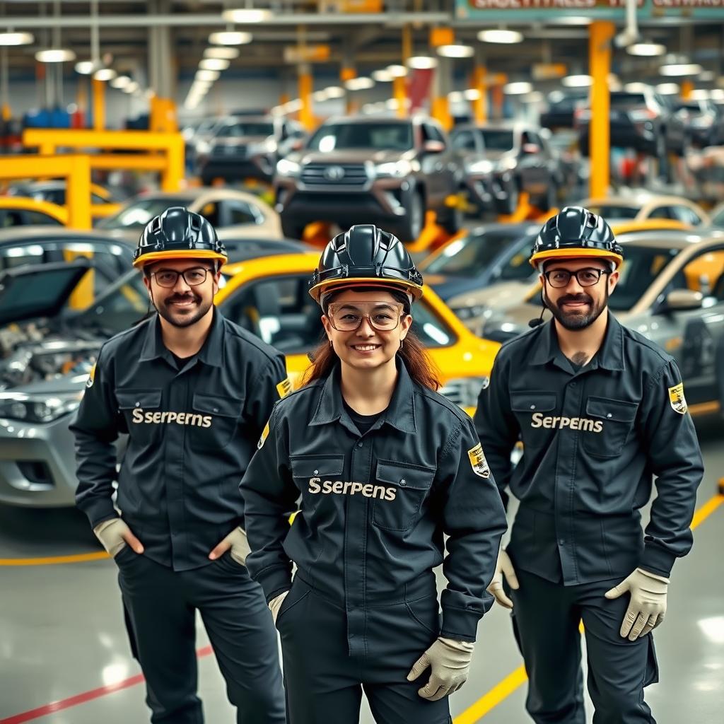 A vibrant scene depicting a group of workers at a pickup truck company, all wearing black uniforms featuring the name 'Serpens' prominently displayed