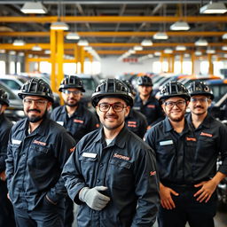 A vibrant scene depicting a group of workers at a pickup truck company, all wearing black uniforms featuring the name 'Serpens' prominently displayed