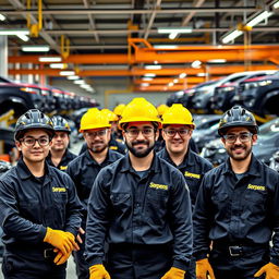 A vibrant scene depicting a group of workers at a pickup truck company, all wearing black uniforms featuring the name 'Serpens' prominently displayed