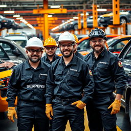 A vibrant scene depicting a group of workers at a pickup truck company, all wearing black uniforms featuring the name 'Serpens' prominently displayed