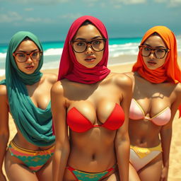 A surreal beach scene featuring women wearing colorful hijabs, each one wearing a stylish bikini