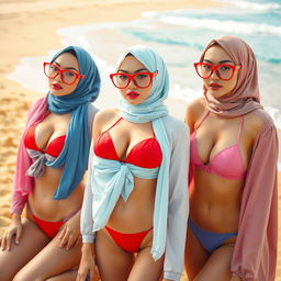 A surreal beach scene featuring women wearing colorful hijabs, each one wearing a stylish bikini