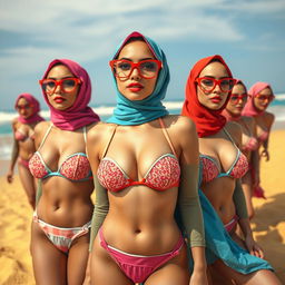 A surreal beach scene featuring women wearing colorful hijabs, each one wearing a stylish bikini