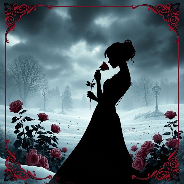 A gothic book cover featuring a silhouette of a duchess elegantly smelling a rose