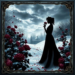 A gothic book cover featuring a silhouette of a duchess elegantly smelling a rose