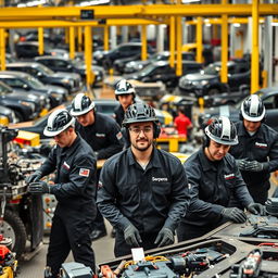 A dynamic scene showcasing several workers diligently working at a pickup truck company, all dressed in sleek black uniforms featuring the name 'Serpens' prominently displayed