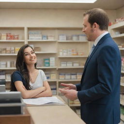 A detailed scene of a woman sales clerk in a shop engaging in a conversation with a gentleman.