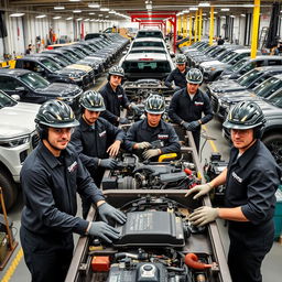 A dynamic scene showcasing several workers diligently working at a pickup truck company, all dressed in sleek black uniforms featuring the name 'Serpens' prominently displayed