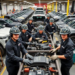 A dynamic scene showcasing several workers diligently working at a pickup truck company, all dressed in sleek black uniforms featuring the name 'Serpens' prominently displayed