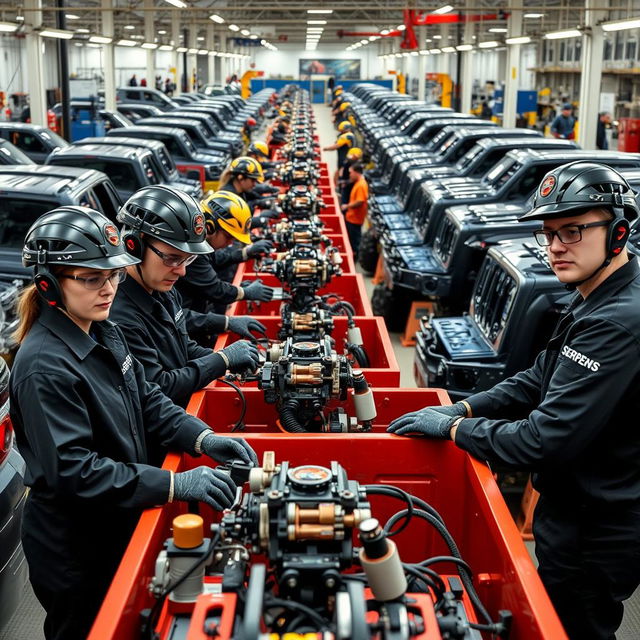 A dynamic scene showcasing several workers diligently working at a pickup truck company, all dressed in sleek black uniforms featuring the name 'Serpens' prominently displayed