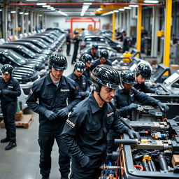 A dynamic scene showcasing several workers diligently working at a pickup truck company, all dressed in sleek black uniforms featuring the name 'Serpens' prominently displayed