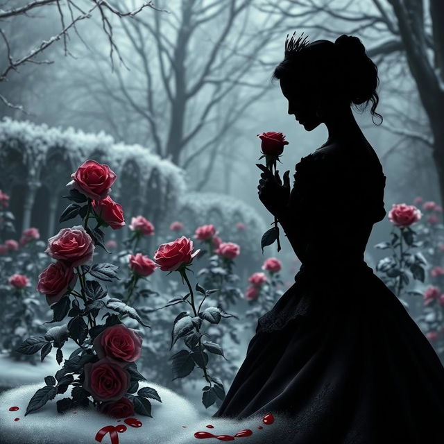 A realistic gothic book cover featuring the silhouette of a duchess gracefully smelling a rose