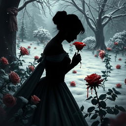 A realistic gothic book cover featuring the silhouette of a duchess gracefully smelling a rose