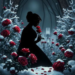 A realistic gothic book cover featuring the silhouette of a duchess gracefully smelling a rose