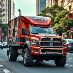 Uma caminhonete inspirada no design da Dodge Ram, apresentando um emblema que diz 'Serpens' no capô