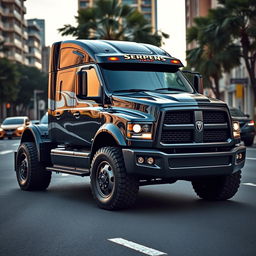 Uma caminhonete inspirada no design da Dodge Ram, apresentando um emblema que diz 'Serpens' no capô