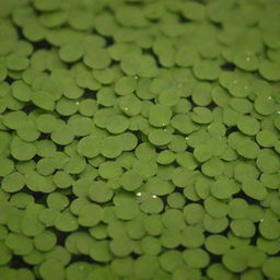 A detailed image of the world's shortest flower, the Duckweed (Wolffia). With no visible stem or leaves, these tiny blooms float on pond surfaces creating a vibrant green carpet, showcasing nature's ability to be extravagant at any scale.