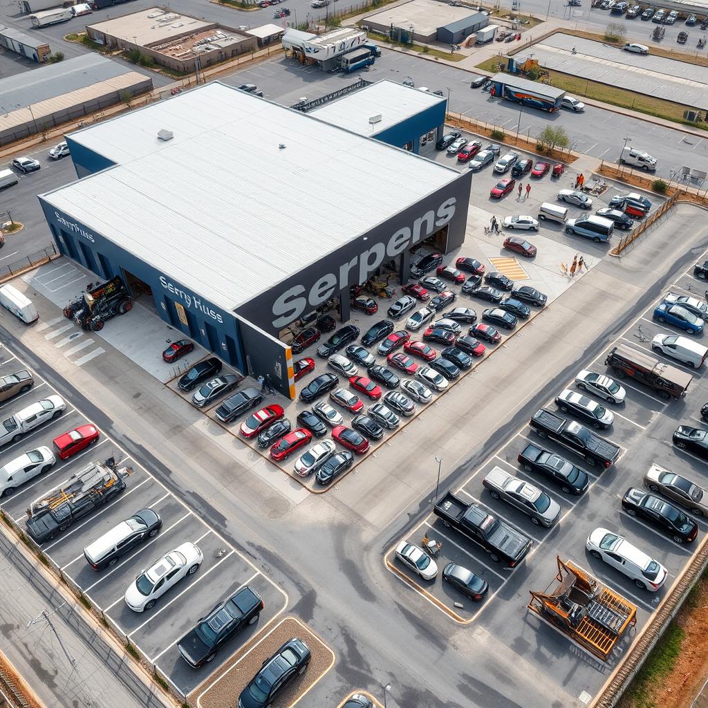 An aerial view of a pickup truck company named 'Serpens,' showcasing the physical layout of the business